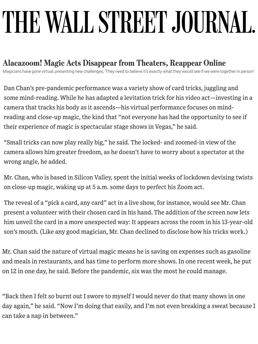 Wall St. Journal talks about magicians pivot to virtual magic shows